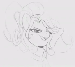 Size: 843x753 | Tagged: safe, artist:tre, derpibooru import, cherry jubilee, earth pony, pony, beauty mark, bow, bust, dreamworks face, eyeshadow, female, image, jpeg, looking at you, makeup, mare, monochrome, open mouth, ponytail, solo, solo female, squint
