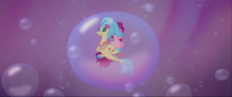 Size: 1600x670 | Tagged: safe, derpibooru import, screencap, pinkie pie, princess skystar, seapony (g4), my little pony: the movie, bubble, dancing, duo, female, image, in bubble, jpeg, one small thing, pinkie pie trapped in a bubble, seaponified, seapony pinkie pie, species swap, underwater, water