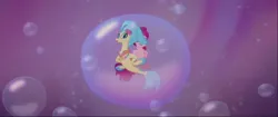 Size: 1600x670 | Tagged: safe, derpibooru import, screencap, pinkie pie, princess skystar, seapony (g4), my little pony: the movie, bubble, dancing, duo, female, image, in bubble, jpeg, one small thing, pinkie pie trapped in a bubble, seaponified, seapony pinkie pie, species swap, underwater, water