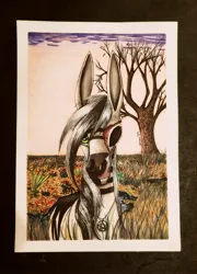 Size: 1911x2652 | Tagged: semi-grimdark, artist:cahandariella, derpibooru import, oc, oc:cahan, undead, zebra, big ears, bone, carnivorous plant, flesh, grass, green eyes, image, inktober, jpeg, looking at you, missing eye, pentagram, plant, solo, swamp, traditional art, tree, zebra oc
