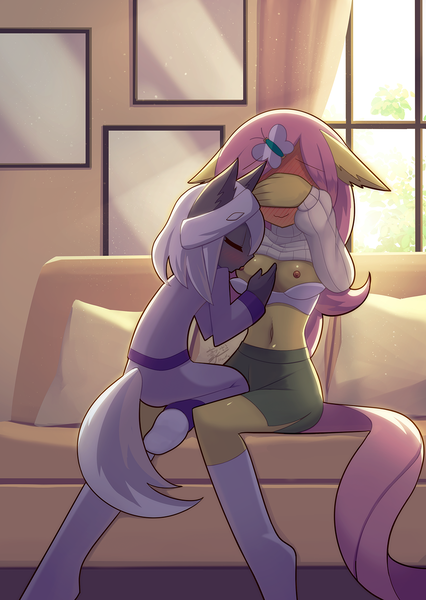 Size: 1000x1407 | Tagged: questionable, artist:howxu, derpibooru import, fluttershy, oc, anthro, plantigrade anthro, belly button, blushing, bra, breasts, clothes, commission, couch, covering eyes, cutie mark accessory, cutie mark hair accessory, duo, exposed breasts, eyebrows, eyebrows visible through hair, floppy ears, hair accessory, image, indoors, nipples, nudity, png, size difference, smiling, suckling, sunlight, sweater, underwear, window