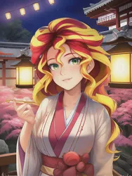 Size: 1020x1360 | Tagged: safe, derpibooru import, editor:sammykun, machine learning generated, novelai, stable diffusion, sunset shimmer, human, equestria girls, architecture, breasts, busty sunset shimmer, cherry blossoms, clothes, fence, flower, flower blossom, humanized, image, japanese, jpeg, kimono (clothing), lantern, lips, looking at you, moon runes, night, plant, smiling, tree, wood, yukata