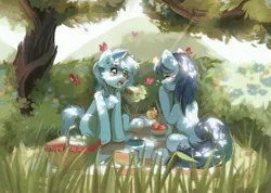 Size: 3000x2140 | Tagged: safe, artist:pledus, derpibooru import, oc, unofficial characters only, butterfly, insect, pony, unicorn, basket, blushing, bush, chest fluff, commission, cute, duo, ear fluff, eyes closed, female, flower, food, giggling, glow, glowing horn, grass, high res, horn, image, levitation, magic, magic aura, mare, ocbetes, open mouth, picnic, picnic basket, picnic blanket, png, signature, sitting, sparkly eyes, strawberry, telekinesis, tree, unicorn oc, wingding eyes