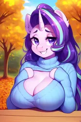 Size: 2048x3072 | Tagged: suggestive, derpibooru import, edit, editor:diego96, machine learning generated, purplesmart.ai, stable diffusion, starlight glimmer, anthro, unicorn, autumn, backless, beautiful, bedroom eyes, breasts, busty starlight glimmer, cleavage, clothes, female, hooves, image, jpeg, open-back sweater, seductive, sleeveless, sleeveless sweater, smiling, solo, sweater, table, tree, virgin killer sweater