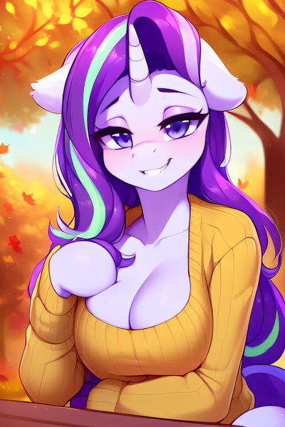 Size: 2048x3072 | Tagged: suggestive, derpibooru import, edit, editor:diego96, machine learning generated, purplesmart.ai, stable diffusion, starlight glimmer, anthro, unicorn, autumn, beautiful, bedroom eyes, breasts, busty starlight glimmer, cleavage, clothes, eyeshadow, female, hooves, image, jpeg, makeup, seductive, smiling, solo, sweater, tree