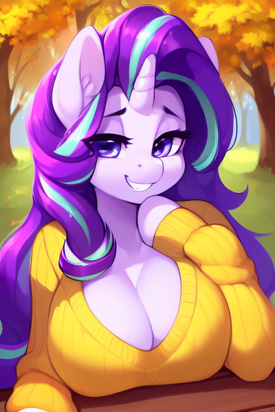 Size: 2048x3072 | Tagged: suggestive, derpibooru import, edit, editor:diego96, machine learning generated, purplesmart.ai, stable diffusion, starlight glimmer, anthro, unicorn, autumn, beautiful, bedroom eyes, breasts, busty starlight glimmer, cleavage, clothes, female, hooves, image, jpeg, seductive, smiling, solo, sweater, tree