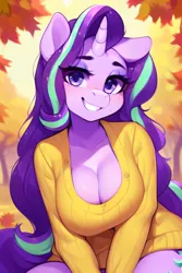 Size: 2048x3072 | Tagged: suggestive, derpibooru import, edit, editor:diego96, machine learning generated, purplesmart.ai, stable diffusion, starlight glimmer, anthro, unicorn, autumn, beautiful, bedroom eyes, breasts, busty starlight glimmer, cleavage, clothes, eyeshadow, female, image, jpeg, makeup, seductive, smiling, solo, sweater, tree