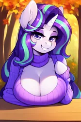 Size: 2048x3072 | Tagged: suggestive, derpibooru import, machine learning generated, purplesmart.ai, stable diffusion, starlight glimmer, anthro, unicorn, autumn, beautiful, bedroom eyes, breasts, busty starlight glimmer, cleavage, clothes, eyeshadow, female, image, jpeg, makeup, seductive, smiling, solo, sweater, tree