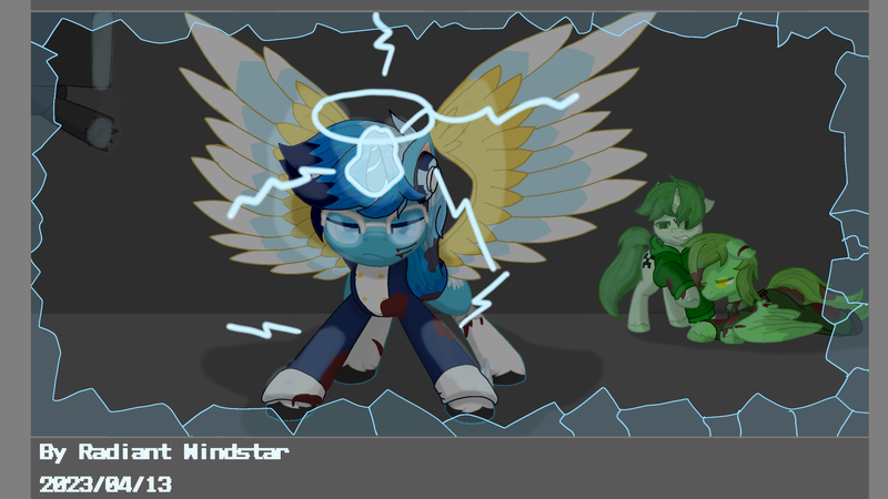 Size: 2560x1440 | Tagged: safe, artist:radiant windstar, derpibooru import, oc, oc:nihaicreeper, oc:pilek, oc:radiant windstar, alicorn, hybrid, original species, pegasus, unicorn, broken glass, clothes, creeper, halo, image, injured, lightning, looking at you, magic, magic aura, magic malfunction, png, scenery