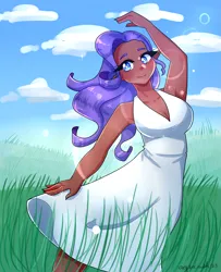 Size: 2975x3660 | Tagged: safe, artist:mylittleyuri, derpibooru import, rarity, human, armpits, blushing, breasts, busty rarity, cleavage, clothes, dark skin, dress, elf ears, female, grass, high res, humanized, image, png, signature, smiling, solo, sundress