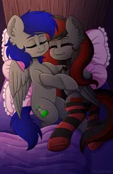 Size: 2500x3824 | Tagged: safe, artist:madelinne, derpibooru import, oc, oc:mb midnight breeze, oc:se solar eclipse, unofficial characters only, pegasus, bed, blushing, clothes, duo, eyes closed, heart, heart pillow, hug, image, pegasus oc, pillow, png, sleeping, socks, striped socks, wings