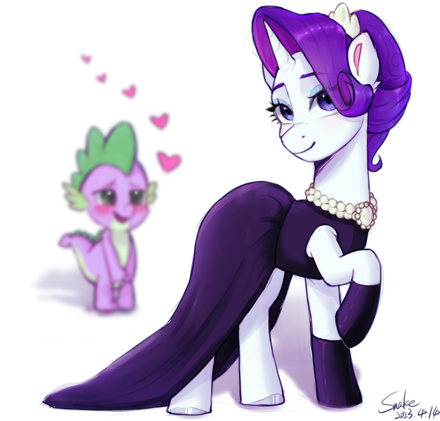 Size: 1932x1848 | Tagged: safe, artist:xiaowu07, derpibooru import, rarity, spike, dragon, pony, unicorn, the gift of the maud pie, baby, baby dragon, clothes, dress, eyeshadow, female, gloves, image, jewelry, makeup, png, simple background, white background