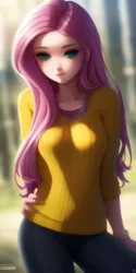 Size: 1536x3072 | Tagged: safe, derpibooru import, machine learning generated, purplesmart.ai, stable diffusion, fluttershy, human, clothes, denim, female, humanized, image, jeans, looking at you, pants, png, sweater