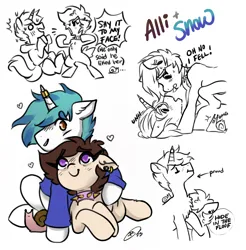 Size: 3187x3237 | Tagged: safe, artist:opalacorn, derpibooru import, oc, oc:allicoot, oc:snowy blue, unofficial characters only, earth pony, pony, snail, unicorn, bipedal, chest fluff, choker, clothes, commission, cuddling, ear piercing, earring, female, hoodie, horn, horn ring, image, jewelry, jpeg, lying down, male, mare, oc x oc, on back, piercing, pinned, prone, ring, shipping, simple background, spiked choker, stallion, straight, white background