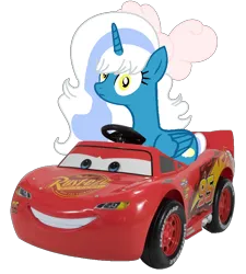 Size: 800x890 | Tagged: safe, artist:santi0095, derpibooru import, oc, oc:fleurbelle, unofficial characters only, alicorn, pony, alicorn oc, bow, car, female, hair bow, horn, image, lightning mcqueen, mare, png, simple background, solo, transparent background, wings, yellow eyes