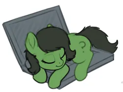 Size: 1014x763 | Tagged: safe, artist:smoldix, edit, oc, oc:anonfilly, unofficial characters only, pony, behaving like a cat, colored, colored sketch, computer, cute, eyes closed, female, filly, image, laptop computer, png, simple background, sleeping, solo, white background