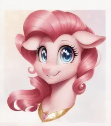 Size: 512x584 | Tagged: safe, derpibooru import, machine learning assisted, machine learning generated, pinkie pie, earth pony, pony, bust, female, image, jewelry, mare, png, portrait, regalia, simple background, smiling, solo