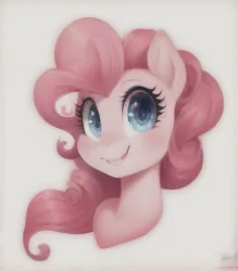 Size: 512x584 | Tagged: safe, derpibooru import, machine learning assisted, machine learning generated, pinkie pie, earth pony, pony, bust, female, image, mare, png, portrait, simple background, smiling, solo