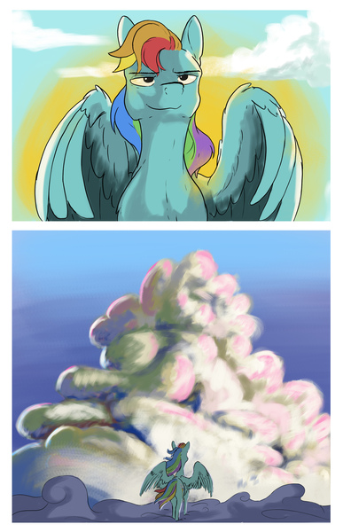 Size: 2000x3100 | Tagged: safe, artist:seventozen, derpibooru import, rainbow dash, pony, comic:the problem of parthus, cloud, image, jpeg, quadrupedal, solo