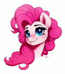 Size: 512x584 | Tagged: safe, derpibooru import, machine learning assisted, machine learning generated, pinkie pie, earth pony, pony, bust, female, image, mare, png, portrait, simple background, smiling, solo, white background