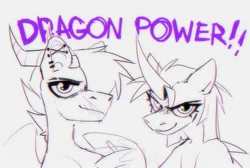 Size: 2182x1468 | Tagged: safe, artist:rtootb, derpibooru import, oc, oc:groove, oc:riot, unofficial characters only, dracony, dragon, hybrid, pegasus, pony, unicorn, badass, cigarette, cool, digital art, ear piercing, ears up, eyebrow slit, eyebrows, facial scar, female, floppy ears, folded wings, horn, horns, hybrid oc, image, jpeg, looking at you, male, mare, pegasus oc, piercing, scar, simple background, sketch, smiling, smiling at you, smirk, smoking, spikes, stallion, stubble, text, unicorn oc, white background, wings