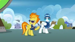 Size: 2160x1210 | Tagged: safe, derpibooru import, screencap, spitfire, pegasus, pony, wonderbolts academy, clipboard, clothes, cloud, dizzitron, drill sergeant, duo, duo male and female, female, image, jpeg, male, mare, necktie, spitfire's whistle, stallion, stopwatch, sunglasses, uniform, whistle, whistle necklace, wonderbolts dress uniform