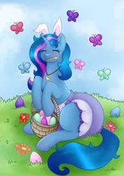 Size: 2480x3507 | Tagged: safe, artist:kirari_chan, derpibooru import, oc, unofficial characters only, butterfly, insect, pony, unicorn, absurd file size, blushing, bunny ears, cloud, cloudy, commission, diaper, diaper fetish, easter, easter bunny, easter egg, female, fetish, finished commission, flower, full body, grass, holiday, horn, image, jewelry, long hair, long mane, long tail, necklace, outdoors, png, sitting, solo, tail, unicorn oc, ych result