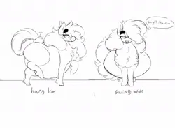 Size: 1024x756 | Tagged: suggestive, artist:somefrigginnerd, derpibooru import, oc, oc:pencil test, unofficial characters only, earth pony, pony, chest fluff, dialogue, earth pony oc, fat, female, fluffy, front view, grayscale, image, jpeg, lidded eyes, looking at you, mare, monochrome, obese, open mouth, open smile, side view, smiling, smiling at you, speech bubble