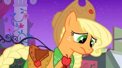 Size: 1920x1080 | Tagged: safe, derpibooru import, screencap, applejack, earth pony, pony, season 1, the best night ever, 1080p, clothes, dress, female, frown, gala dress, image, mare, png, sad, solo
