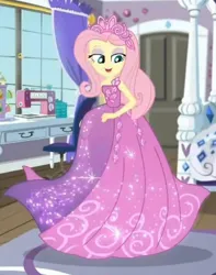 Size: 1222x1551 | Tagged: safe, derpibooru import, screencap, fluttershy, human, costume conundrum, equestria girls, equestria girls series, spoiler:eqg series (season 2), beautiful, bedroom, clothes, costume conundrum: rarity, cropped, dress, gown, image, jewelry, jpeg, princess fluttershy, sewing machine, solo, tiara, twirl