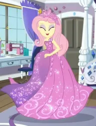 Size: 1200x1574 | Tagged: safe, derpibooru import, screencap, fluttershy, human, costume conundrum, equestria girls, equestria girls series, spoiler:eqg series (season 2), beautiful, bedroom, clothes, costume conundrum: rarity, cropped, dress, eyes closed, flutterbeautiful, gown, happy, image, jewelry, jpeg, sewing machine, solo, tiara, twirl