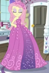 Size: 1076x1592 | Tagged: safe, derpibooru import, screencap, fluttershy, human, costume conundrum, equestria girls, equestria girls series, spoiler:eqg series (season 2), beautiful, bedroom, clothes, costume conundrum: rarity, cropped, dress, eyes closed, gown, happy, image, jewelry, jpeg, sewing machine, solo, tiara