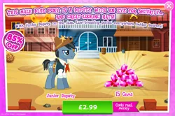 Size: 1958x1298 | Tagged: safe, derpibooru import, official, star spur, earth pony, pony, advertisement, appleloosa resident, background character, background pony, clothes, costs real money, cowboy hat, english, gameloft, gem, hat, image, jpeg, junior deputy, male, mobile game, my little pony: magic princess, numbers, sale, sheriff's badge, solo, solo focus, stallion, text, vest