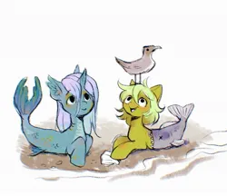 Size: 1958x1693 | Tagged: safe, artist:dearmary, derpibooru import, oc, unofficial characters only, bird, earth pony, fish, merpony, seagull, unicorn, clothes, costume, image, jpeg, seashell, smiling