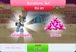 Size: 1267x860 | Tagged: safe, derpibooru import, official, star spur, earth pony, pony, appleloosa resident, background character, background pony, bundle, clothes, costs real money, cowboy hat, english, gameloft, gem, hat, image, jpeg, junior deputy, male, mobile game, my little pony: magic princess, numbers, sale, sheriff's badge, solo, solo focus, stallion, text, vest