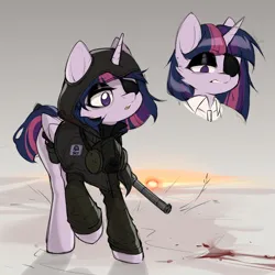 Size: 1920x1920 | Tagged: semi-grimdark, artist:oyasumineko, derpibooru import, twilight sparkle, twilight sparkle (alicorn), alicorn, blood, clothes, eyepatch, gas mask, gun, hoodie, image, lidded eyes, mask, outdoors, png, rifle, s.t.a.l.k.e.r., sun, weapon