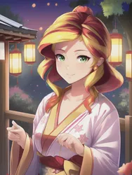 Size: 1020x1360 | Tagged: safe, derpibooru import, editor:sammykun, machine learning generated, novelai, stable diffusion, sunset shimmer, human, equestria girls, architecture, breasts, busty sunset shimmer, cherry blossoms, clothes, female, fence, flower, flower blossom, humanized, image, japanese, kimono (clothing), lamp, lantern, lighting, lips, long hair, looking at you, moon runes, night, plant, png, smiling, solo, tree, wood, yukata