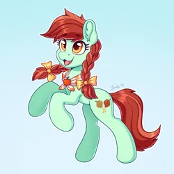 Size: 2480x2480 | Tagged: safe, artist:dandy, derpibooru import, candy apples, earth pony, pony, apple, apple family member, bow, braid, braided pigtails, clothes, cute, ear fluff, eye clipping through hair, eyebrows, eyebrows visible through hair, female, food, hair bow, happy, high res, image, mare, open mouth, pigtails, png, rearing, scarf, simple background, solo