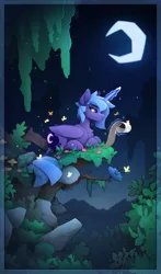Size: 1430x2440 | Tagged: safe, artist:yakovlev-vad, derpibooru import, princess luna, alicorn, butterfly, insect, pony, cliff, crescent moon, female, forest, glow, glowing horn, horn, image, lidded eyes, lying down, magic, mare, moon, png, reading, s1 luna, scenery, scroll, solo, telekinesis, tree