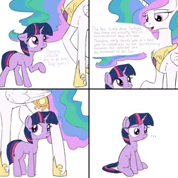 Size: 2000x2000 | Tagged: safe, artist:uteuk, derpibooru import, princess celestia, twilight sparkle, alicorn, pony, unicorn, ..., 4 panel comic, blank flank, comic, disappointed, female, filly, filly twilight sparkle, floppy ears, foal, image, leap year, looking at each other, looking at someone, png, simple background, unicorn twilight, walking, white background, younger