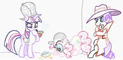 Size: 1993x984 | Tagged: artist needed, safe, derpibooru import, pinkie pie, rarity, twilight sparkle, bag, bubble, bubble pipe, deerstalker, detective, detective rarity, food, hat, image, jpeg, magnifying glass, mane, pie, pipe, saddle bag, sherlock sparkle, simple background, white background