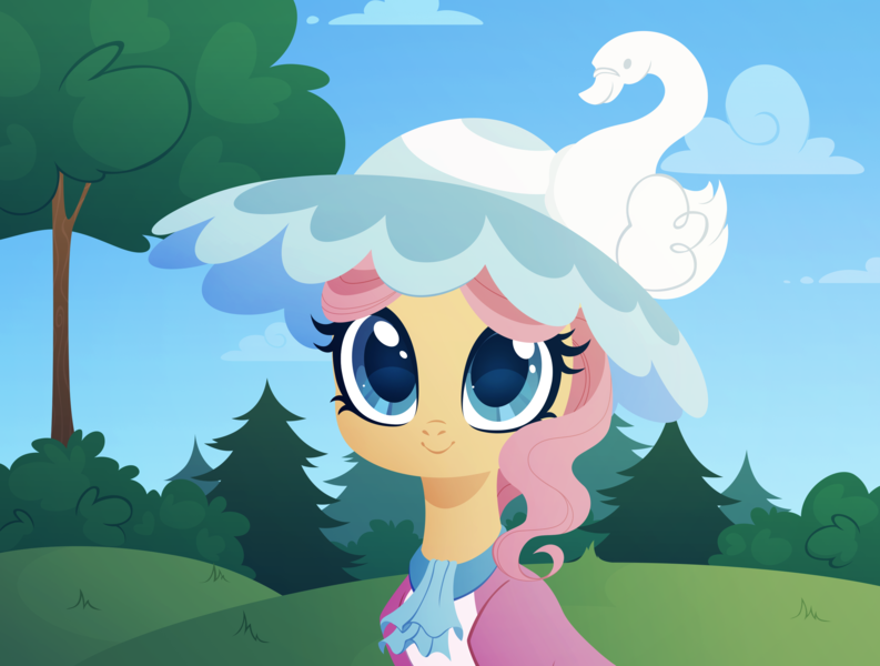 Size: 3000x2270 | Tagged: safe, artist:belka-sempai, derpibooru import, swan song, pony, bust, female, hat, image, mare, png, scenery, smiling, solo