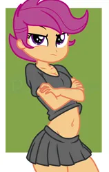 Size: 3312x5232 | Tagged: safe, artist:milkyboo898, derpibooru import, scootaloo, human, equestria girls, belly button, breasts, female, image, png, scootaloo is not amused, solo, stupid sexy scootaloo, unamused