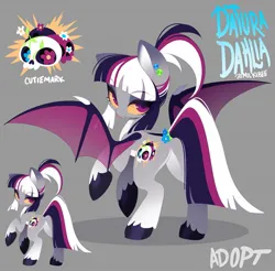 Size: 1525x1500 | Tagged: safe, artist:zombie, derpibooru import, oc, oc:datura dahlia, unofficial characters only, bat pony, pony, adoptable, bat pony oc, bat wings, fangs, image, jpeg, looking at you, looking back, tongue out, wings, yellow sclera