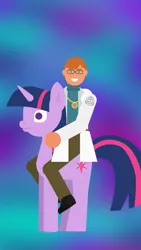 Size: 608x1080 | Tagged: safe, artist:scp explained - story & animation, derpibooru import, twilight sparkle, human, pony, unicorn, abstract background, blank stare, crossover, dr. bright, humans riding ponies, image, looking at you, png, riding, scp, scp explained, scp foundation, scp-963, smiling, unicorn twilight, youtube link, youtube shorts