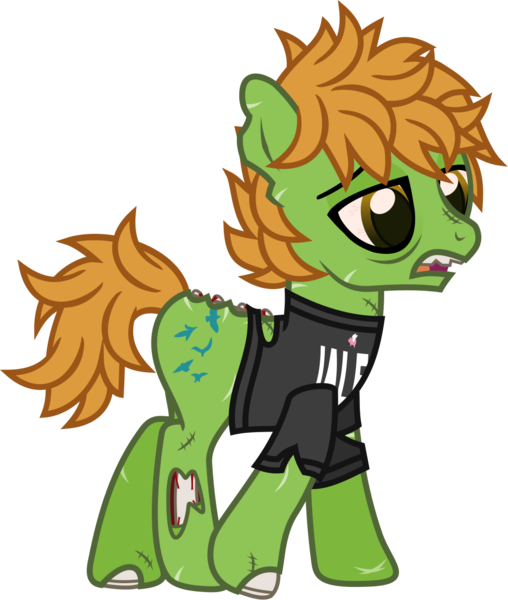 Size: 1087x1283 | Tagged: safe, artist:lightningbolt, derpibooru import, ponified, earth pony, pony, undead, zombie, zombie pony, .svg available, all time low, bags under eyes, bloodshot eyes, bone, chipped tooth, clothes, derpibooru exclusive, image, lidded eyes, male, open mouth, png, scar, shirt, simple background, solo, stallion, stitches, t-shirt, torn clothes, torn ear, transparent background, vector, walking, zack merrick