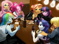 Size: 3636x2762 | Tagged: safe, artist:aztrial, derpibooru import, applejack, fluttershy, pinkie pie, rainbow dash, rarity, sci-twi, sunset shimmer, twilight sparkle, human, equestria girls, adult, alcohol, alternate hairstyle, beer, blushing, burger, clothes, denim, drink, drinking, ear piercing, earring, eating, eyebrow piercing, eyes closed, eyeshadow, female, food, freckles, french fries, glass, glasses, grin, happy, hoodie, humane five, humane seven, humane six, ice cube, image, jacket, jeans, jewelry, jpeg, leather, leather jacket, lesbian, makeup, mobile phone, nail polish, older, older applejack, older fluttershy, older humane five, older humane seven, older humane six, older pinkie pie, older rainbow dash, older rarity, older twilight, open mouth, overalls, pants, phone, piercing, rarijack, salad, shipping, shirt, smartphone, smiling, soda, sweater, table, tanktop, water, water bottle, wine, wine glass