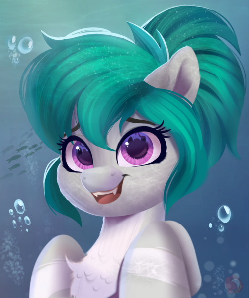 Size: 2989x3582 | Tagged: safe, artist:joaothejohn, derpibooru import, oc, oc:rikka, unofficial characters only, fish, merpony, original species, shark, shark pony, absurd resolution, bubble, chest fluff, cute, digital art, fangs, female, green mane, high res, image, looking at you, ocean, png, purple eyes, smiling, smiling at you, solo, solo female, teeth, underwater, water