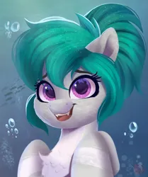 Size: 2989x3582 | Tagged: safe, artist:joaothejohn, derpibooru import, oc, oc:rikka, unofficial characters only, fish, merpony, original species, shark, shark pony, absurd resolution, bubble, chest fluff, cute, digital art, fangs, female, green mane, high res, image, looking at you, ocean, png, purple eyes, smiling, smiling at you, solo, solo female, teeth, underwater, water