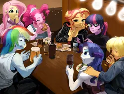 Size: 3636x2762 | Tagged: safe, artist:aztrial, derpibooru import, applejack, fluttershy, pinkie pie, rainbow dash, rarity, sci-twi, sunset shimmer, twilight sparkle, human, equestria girls, adult, alcohol, alternate hairstyle, beer, blushing, burger, clothes, denim, drink, drinking, ear piercing, earring, eating, eyebrow piercing, eyes closed, eyeshadow, female, food, freckles, french fries, glass, glasses, grin, happy, hoodie, humane five, humane seven, humane six, ice cube, image, jacket, jeans, jewelry, leather, leather jacket, lesbian, makeup, mobile phone, nail polish, older, older applejack, older fluttershy, older humane five, older humane seven, older humane six, older pinkie pie, older rainbow dash, older rarity, older twilight, open mouth, overalls, pants, phone, piercing, png, rarijack, salad, shipping, shirt, smartphone, smiling, soda, sweater, table, tanktop, wall of tags, water, water bottle, wine, wine glass